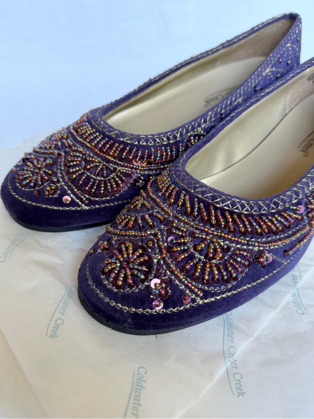 Women’s Purple Velvet Beaded Flats Coldwater Creek Sz 8.5